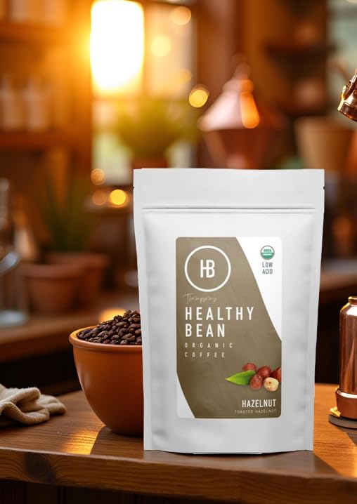 Healthy Bean Organic Ground Coffee Hazelnut Infused - Low Acid Coffee for Sensitive Stomachs - Medium Roast Blend, USDA Organic, Smooth and Creamy Roasted Hazelnuts Flavor, 11oz