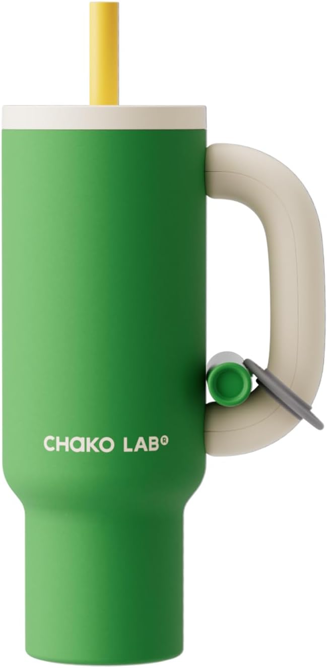 BaWang Insulated Stainless Steel Tumbler | Tumbler with Handle and Straw 33oz | Cup Holder Friendly for Travel | Leakproof Water Bottle | BPA-Free | Ceramic liner| Green＆White