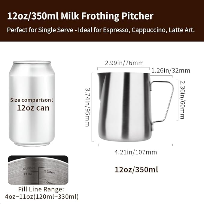 watchget Stainless Steel Milk Frothing Pitcher 12oz/350ml - Espresso Steaming Pitcher for Cappuccino, Latte Art, Coffee Machine Accessories Milk Jug Milk Frother Cup, Matt Silver