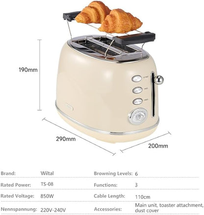 Toaster Retro 2 Slice, Vintage White Toaster with Lid, with Bread Attachment, Preheat, Defrost And Cancel Functions, 6 Browning Levels (Beige)