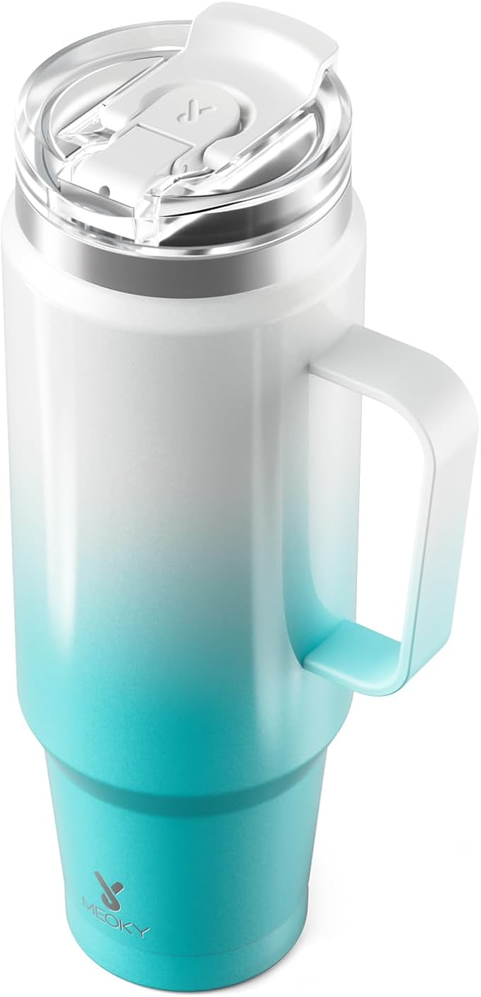 Meoky 40oz Tumbler with Handle, Stainless Steel Travel Mug with 2-in-1 Straw and Sip Lid, Vacuum Insulated Coffee Mug, 100% Leak Proof, Keeps Cold for 34 Hours or Hot for 10 Hours (Azure)