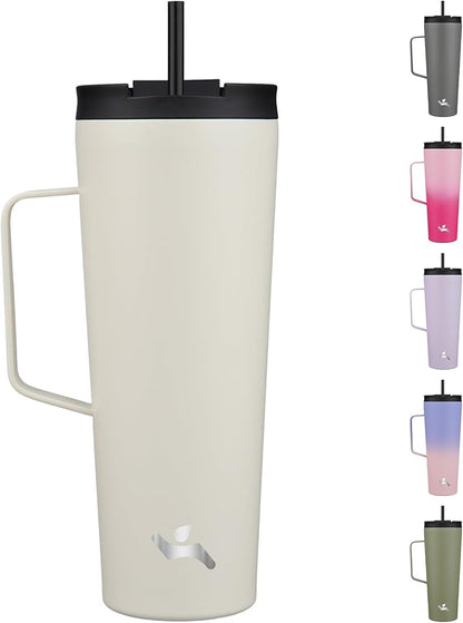 Insulated Tumbler with Handle and Straw, 26 OZ Travel Coffee Mug Stainless Steel Cup Metal Water Bottle,Angel White