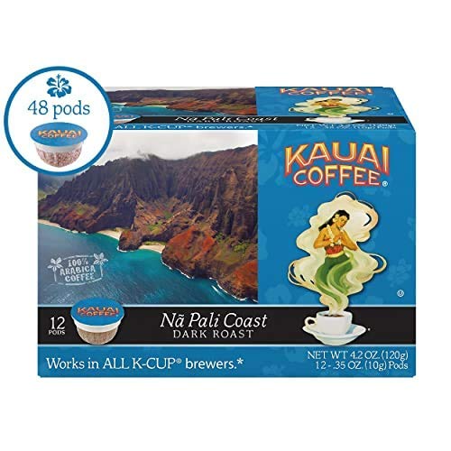 Kauai Coffee Na Pali Coast Dark Roast - Compatible with Keurig Pods K-Cup Brewers (4 Packs of 12 Single-Serve Cups)