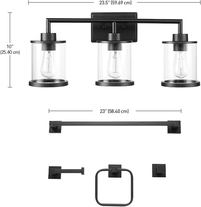 GLOBE Electric 52059 Harlow 5-Piece All-in-One Bathroom Set, Matte Black, 3-Light Vanity Light with Clear Glass Shades, Towel Bar, Toilet Paper Holder, Towel Ring, Robe Hook