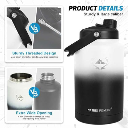 NATURE PIONEOR One Gallon Water Bottle Insulated - Large Double Vacuum Stainless Steel 128 oz Water Bottle with Holder/Carrier, 1 Gallon Water Jug,128oz, Wide Mouth