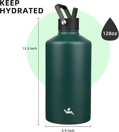 Gallon Insulated Water Bottle with Straw,128 oz 3 Lids Water Jug with Carrying Bag,Paracord Handle, Double Wall Vacuum Stainless Steel Metal Flask,Dark Green