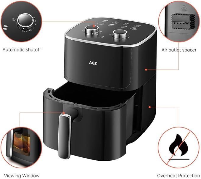 ASZ 5qt Air Fryer Compact Knob Black for dorm office - 4.7L Airfryer with Window 1400W Visual Basket - Non-Stick Pan, Manuel Control Max 60s Timer & 400℉ Kitchen Airfry Countertop Gift