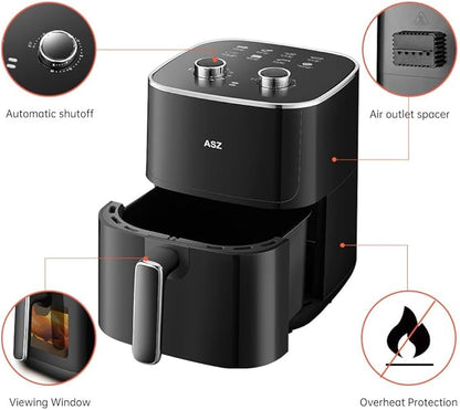 ASZ 5qt Air Fryer Compact Knob Black for dorm office - 4.7L Airfryer with Window 1400W Visual Basket - Non-Stick Pan, Manuel Control Max 60s Timer & 400℉ Kitchen Airfry Countertop Gift