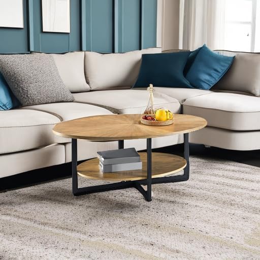 Solid Wood Oval Coffee Table with Cross Metal Legs, 43.3in Modern Industrail Center Table with Open Shelf Cocktail Tea Table for Living Room Bedroom, Rustic Nature 1811