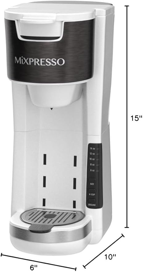 Mixpresso White Single Serve Coffee Brewer K-Cup Pods Compatible & Ground, 30 oz Compact Coffee Maker Single Serve With 5 Brew Sizes Up To 14 Oz, Fits Travel Mug, Adjustable Drip Tray