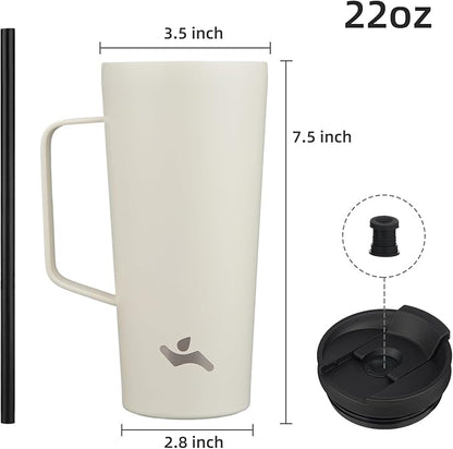 Insulated Tumbler with Handle and Straw, 22 OZ Travel Coffee Mug Stainless Steel Cup Metal Water Bottle,Angel White