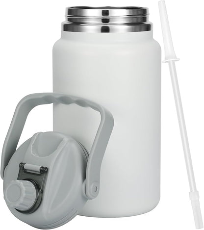 1 Gallon Thermosflask with Straw, 135oz Stainless Steel Insulated Water Bottle，4L Oversized Double Wall Vacuum Jug with Handle for Hot Cold Drinks, Wide mouth Icebuckets for Hiking Sports(White)