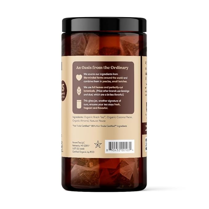 Paromi Coconut Almond Organic Black Tea, Signature Jar, 15 Count (Pack of 6)