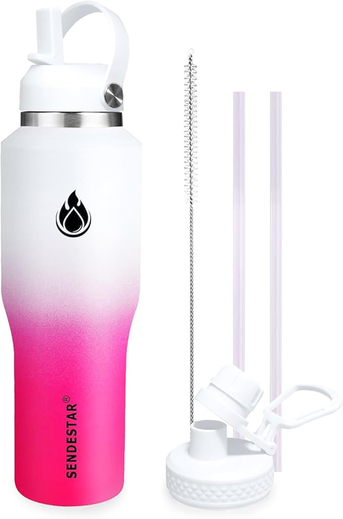 SENDESTAR 32oz Water Bottle Wide Mouth Stainless Steel Vacuum Insulated Double Wall with 2 Straw Lids Fit in Any Car Cup Holder TXIN-32-WP-1