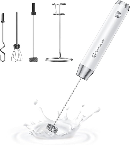 Maestri House Rechargeable Milk Frother with 3 Heads, LunaFro AS Handheld Electric Foam Maker Waterproof Detachable Stainless Steel Whisk Drink Mixer Foamer with Stand for Lattes, Cappuccino, Egg