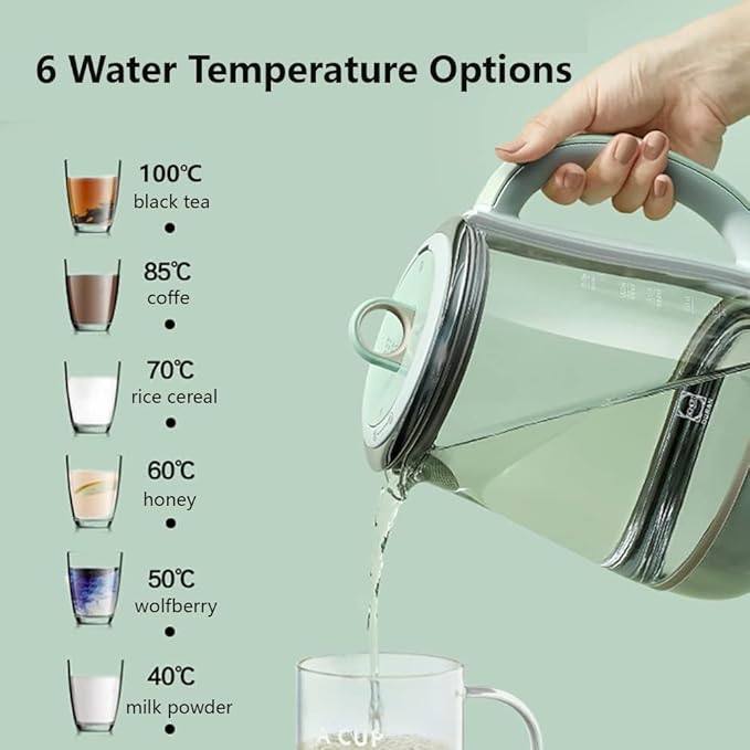 BUYDEEM Health Pot K2763 Lite, Glass Electric Kettle for Tea & Coffee, Hot Water Boiler and Wamer with Stew Pot, Temperature Control, Green, 1.5L