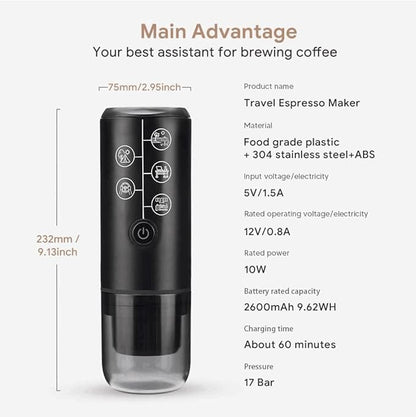 Portable Espresso Machine Mini 12V Rechargeable 3-in-1 Multi-Function Electric Coffee Machine One Key Extraction Compatible with NS & DG Capsules and Ground Coffee for Office Home (Black)