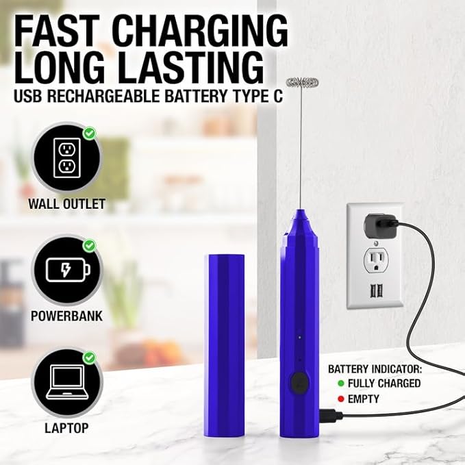 Zulay Kitchen FrothMate Powerful Milk Frother Portable & Compact Handheld Foam Maker Lattes, Cappuccinos (Royal Blue, Froth N Go)