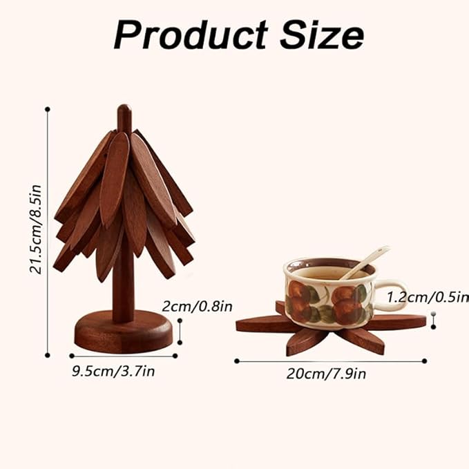 Wooden Trivets for Hot Dishes, Wooden Tree Coasters Tree Shape Trivet Set for Hot Pots and Pans, Foldable Kitchen Walnut Table Mat for Easy Storage, Coaster with 3 Wooden Trivets,1 Stand