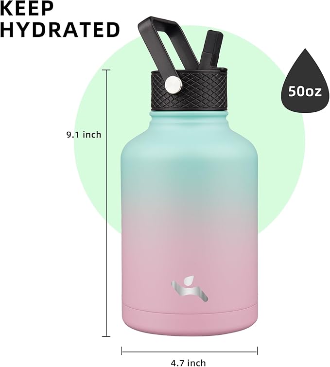 Insulated Water Bottle with Straw,50 oz 3 Lids Water Jug with Carrying Bag,Paracord Handle,Double Wall Vacuum Stainless Steel Metal Flask,Gum