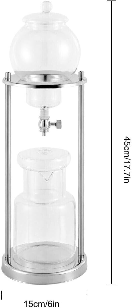 Iced Coffee Cold Brew Drip Tower Coffee Maker with Measuring Spoon, Stainless Steel Filter, Wooden, 6-8 Cup (Silver)