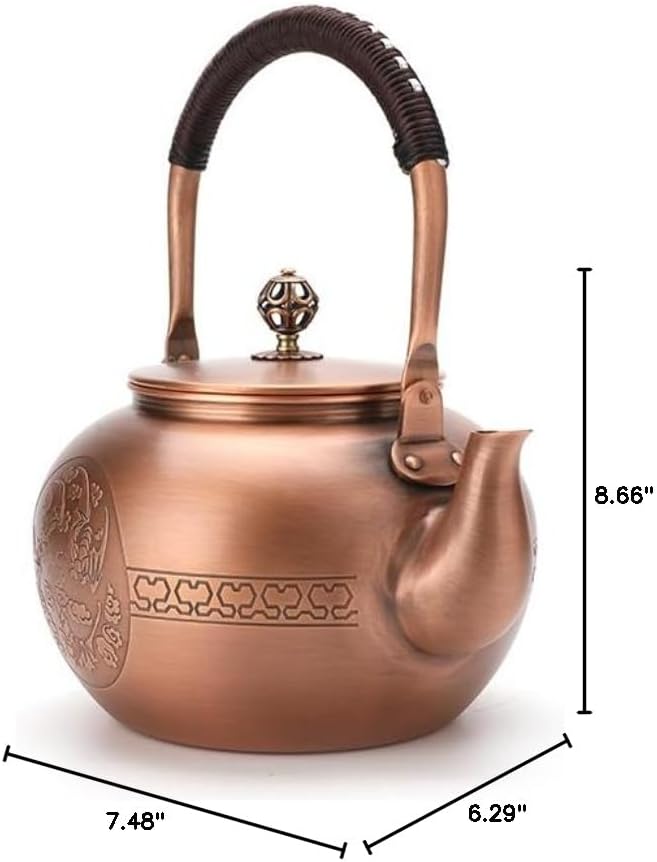 KunwuShan KWS Handmade Copper Teapot, 1.5mm Thick, 1600ml, Red, No Coating, Pure Copper, Large Size, With Lid
