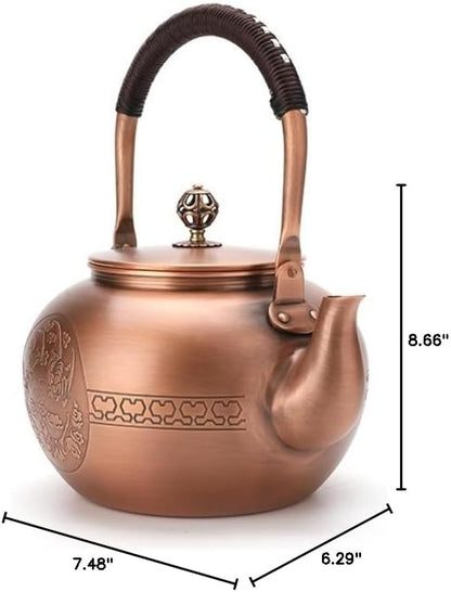 KunwuShan KWS Handmade Copper Teapot, 1.5mm Thick, 1600ml, Red, No Coating, Pure Copper, Large Size, With Lid
