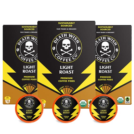 Death Wish Coffee, Organic and Fair Trade, Light Roast Coffee Pods (30 Count)
