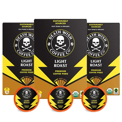 Death Wish Coffee, Organic and Fair Trade, Light Roast Coffee Pods (30 Count)