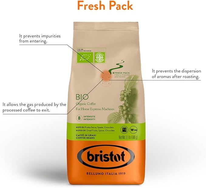 Bristot Bio Organic Italian Espresso Beans – Whole Bean Coffee, Medium Roast – Smooth & Aromatic with Spices, Caramel & Sandalwood Notes – 1.1 lb (500 g), Certified USDA Organic