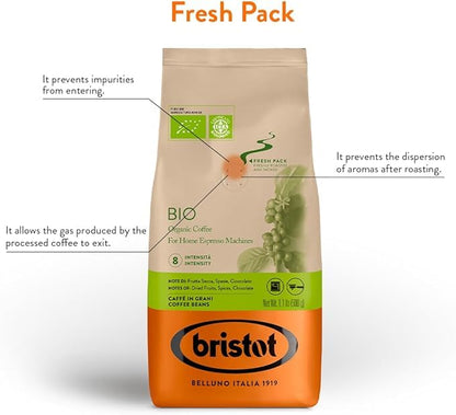 Bristot Bio Organic Italian Espresso Beans – Whole Bean Coffee, Medium Roast – Smooth & Aromatic with Spices, Caramel & Sandalwood Notes – 1.1 lb (500 g), Certified USDA Organic