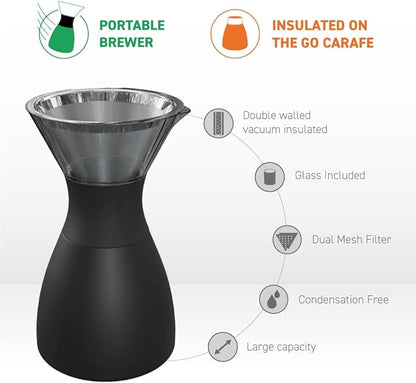 asobu Insulated Pour Over Coffee Maker (32 oz.) Double-Wall Vacuum, Stainless-Steel Filter and Take on the Go Carafe (Burgundy)