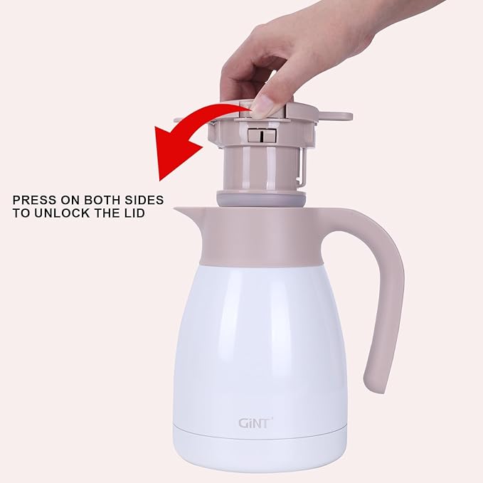GiNT 1L / 34Oz Thermal Coffee Carafe, Insulated Stainless Steel Coffee Carafes for Keeping Hot/Double Walled Vacuum Thermal Carafe (White)