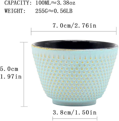 Japanese Cast Iron Tea Cups, Small and Heavy Teacups with no Handles, Japanese Style Cups for Adults, Asian Teacups, Coated with Enameled Interior, 4 Pcs/Box (Lightblue, 3.38oz/100ml)