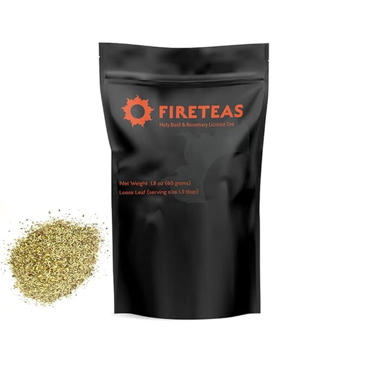 FIRE TEAS Holy Basil Rosemary Licorice Tea - Loose Leaf Blend of Organic Rosemary, Holy Basil, Licorice - Stress Relief, Sleep Aid, Antioxidant Rich, Digestive, Delicious & Cooling -