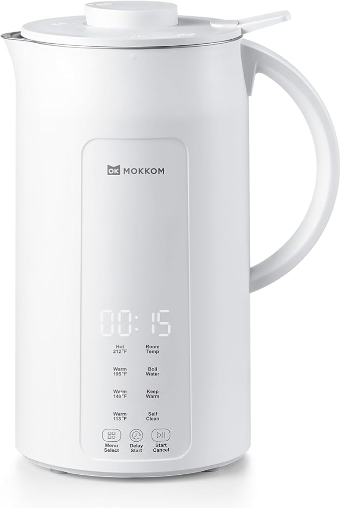MOKKOM Nut Milk Maker, 42oz Automatic Almond Milk Machine for Homemade Plant-Based Milk, Oats, Soy, Dairy Free Beverages, Soy Milk Maker with Delay Start/Keep Warm/Self-Cleaning/Boiling, White