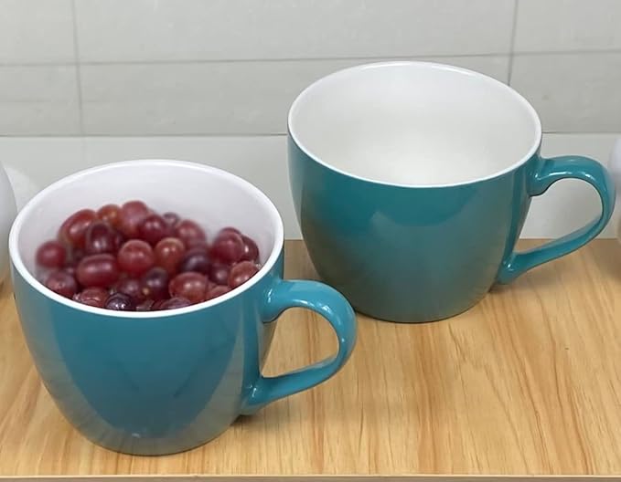MECOWON 30 OZ Porcelain Coffee Mugs, Set of 2 Large Mugs for Soup, Cereal and Salad (Teal (bluish - green))