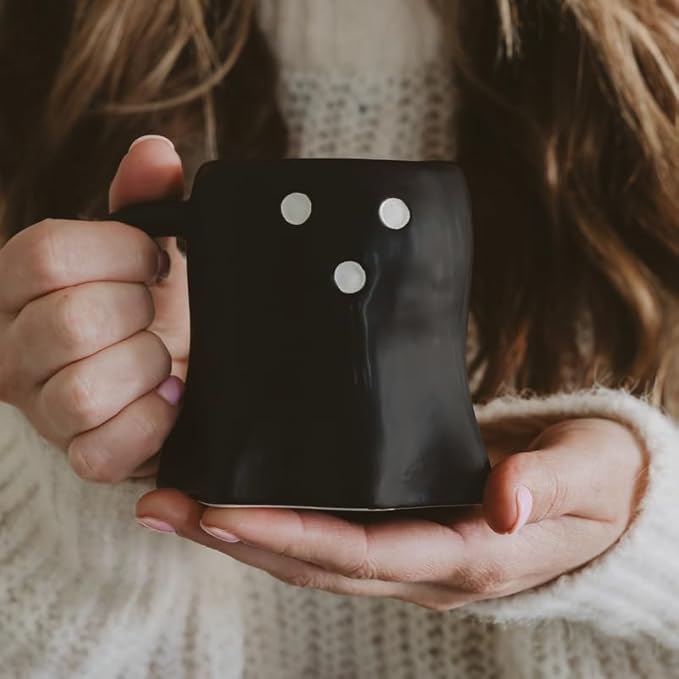 Sweet Water Decor Halloween Ghost Coffee Mug, 12oz Black Ceramic Fall Mug, Cute Spooky Season Drinkware for Coffee, Tea & Cocoa, Microwave & Dishwasher Safe, Gift for Women & Men