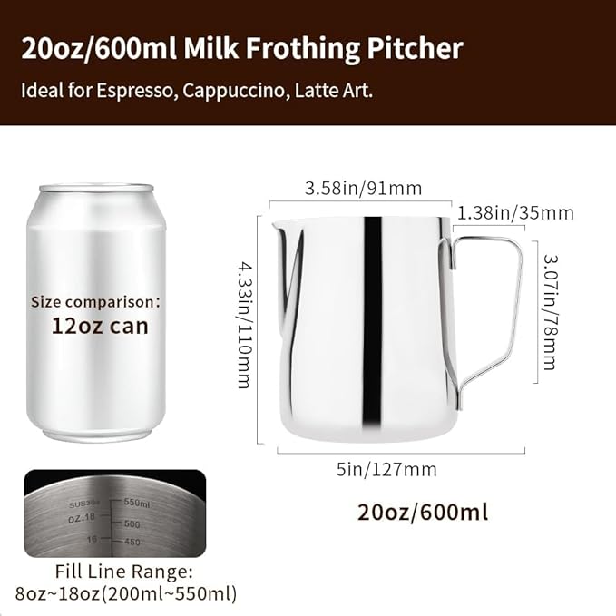 watchget Stainless Steel Milk Frothing Pitcher 20oz/600ml - Espresso Steaming Pitcher for Cappuccino, Latte Art, Coffee Machine Accessories Milk Jug Coffee Frother Cup, Silver