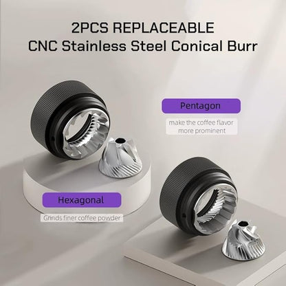 MAVO Manual Coffee Grinder, Wizard Hand Coffee Grinder, Capacity 25g with 2PCS CNC Stainless Steel Conical Burr -Pentagon and Hexagonal, Burr Coffee Bean Grinder for French Press, Pour Over, Silver