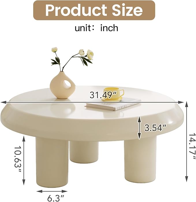 Round Coffee Table, White Cream Modern Center Table, Side Table for Living Room, Bedroom, Home Office, Small Space