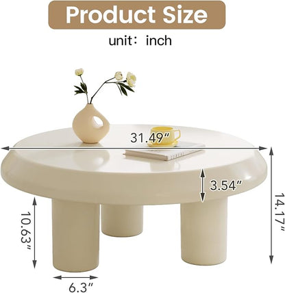 Round Coffee Table, White Cream Modern Center Table, Side Table for Living Room, Bedroom, Home Office, Small Space