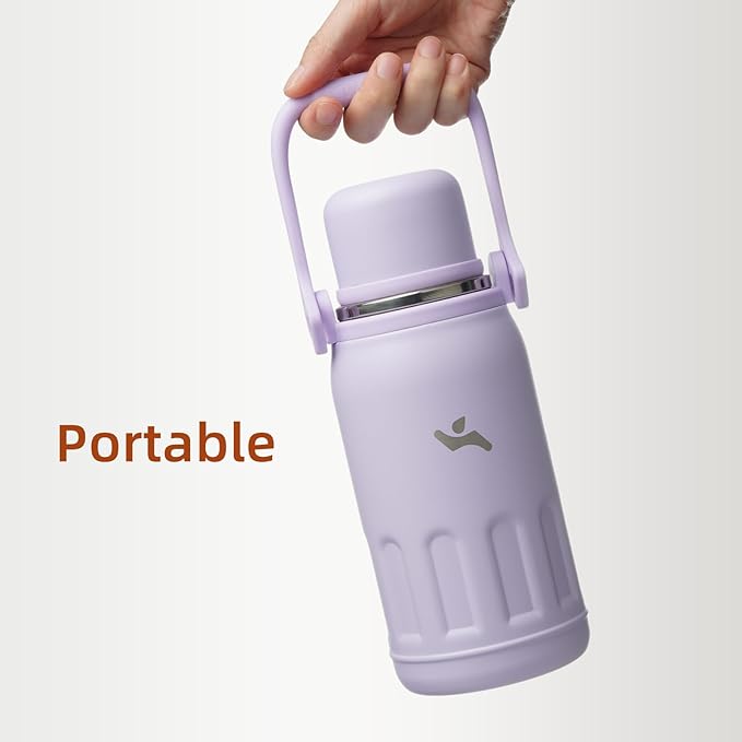 Insulated Water Bottle with Handle and Strap,Vacuum Travel Tumbler with Cup Lid,Thermo Coffee Cup for Hot Cold Drinks 27 OZ,Purple