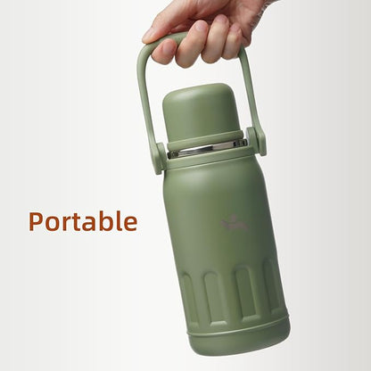 Insulated Water Bottle with Handle and Strap,Vacuum Travel Tumbler with Cup Lid,Thermo Coffee Cup for Hot Cold Drinks 50 OZ,Army Green