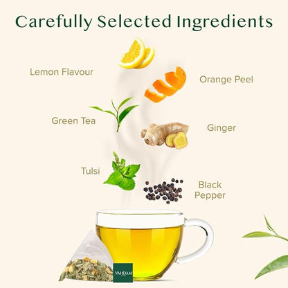 VAHDAM, Lemon Ginger Tea Bags (100 Green Tea Bags) Low Caffeine | Fruity Flavor - Zesty Lemon & Ginger, Orange Peel | Resealable Ziplock Pouch | Brew Hot or Iced Tea