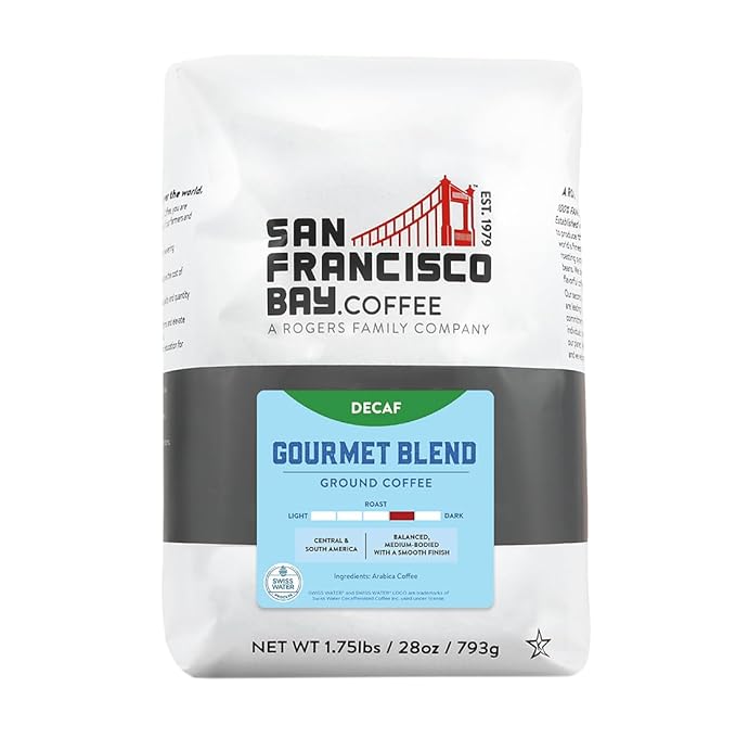 SF Bay Coffee DECAF Gourmet Blend 28 oz Bag, Ground Medium Roast, Swiss Water Process Decaffeinated