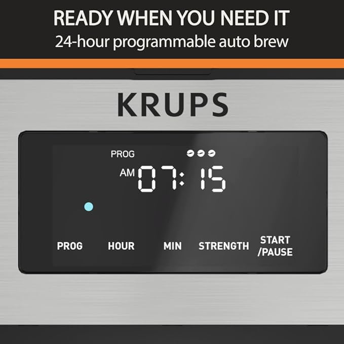 KRUPS Simply Brew: Stainless Steel and Glass Carafe 14 Cup Drip Coffee Maker, Programmable with Digital Display, Dishwasher Safe, Drip Free Coffee Machine, Black and Silver