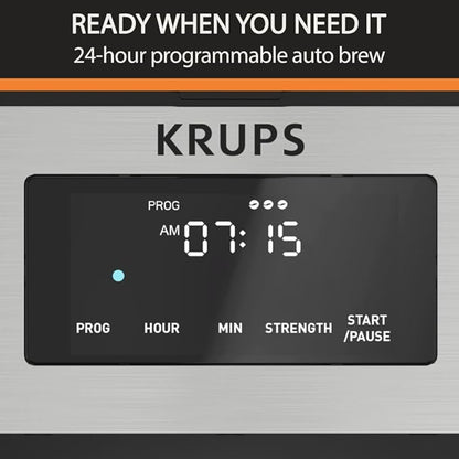 KRUPS Simply Brew: Stainless Steel and Glass Carafe 14 Cup Drip Coffee Maker, Programmable with Digital Display, Dishwasher Safe, Drip Free Coffee Machine, Black and Silver
