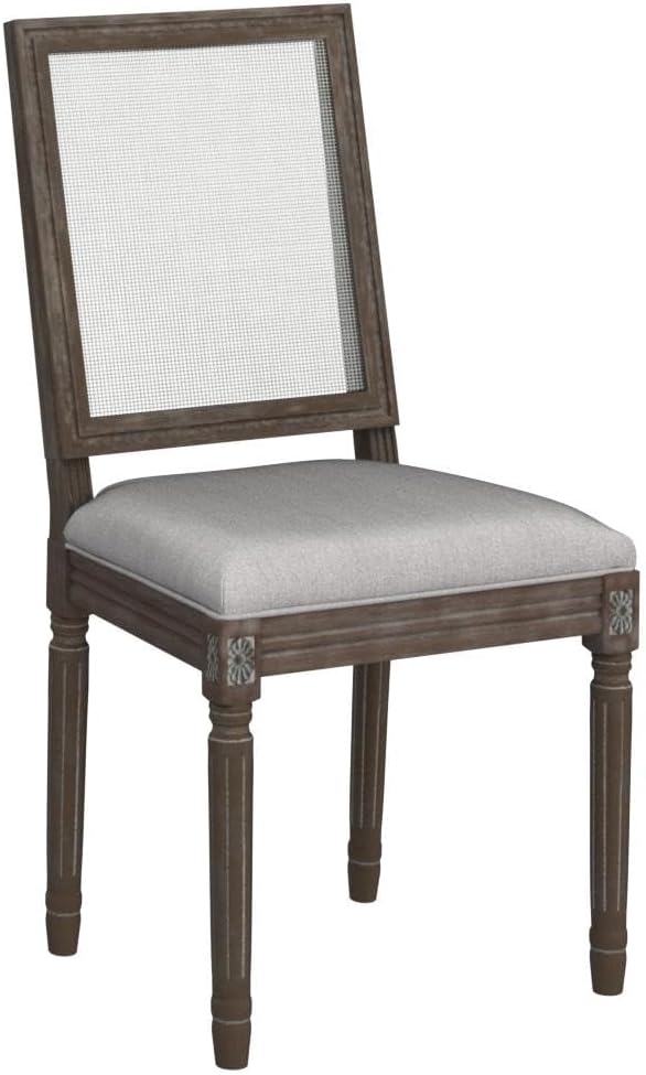 CIMOTA Farmhouse Dining Chairs Set of 2, French Rattan Dining Room Chairs with Rectangle Back/Distressed Wood Upholstered Vintage Side Chairs for Kitchen/Restaurant, Grey/2PCS