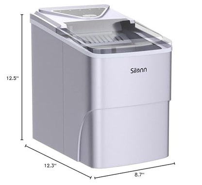 Silonn Ice Makers Countertop, 9 Cubes Ready in 6 Mins, 26lbs in 24Hrs, Self-Cleaning Ice Machine with Ice Scoop and Basket, 2 Sizes of Bullet Ice for Home Kitchen Office Bar Party, Sliver